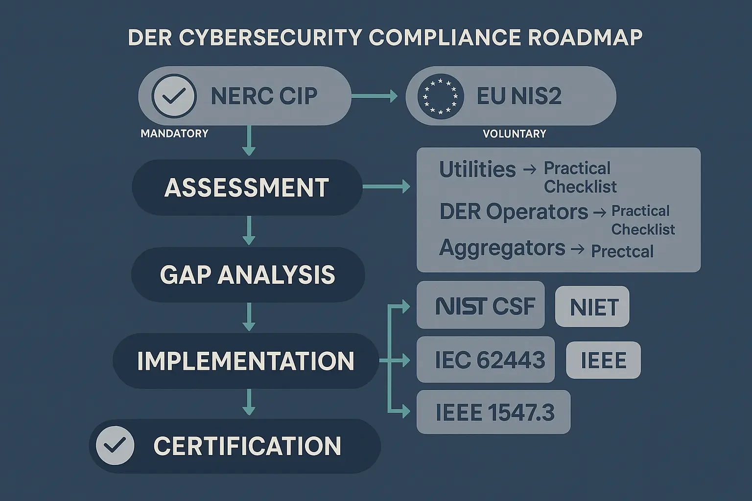 Clear compliance roadmap guiding utilities and DER stakeholders through essential cybersecurity standards and practical implementation steps.