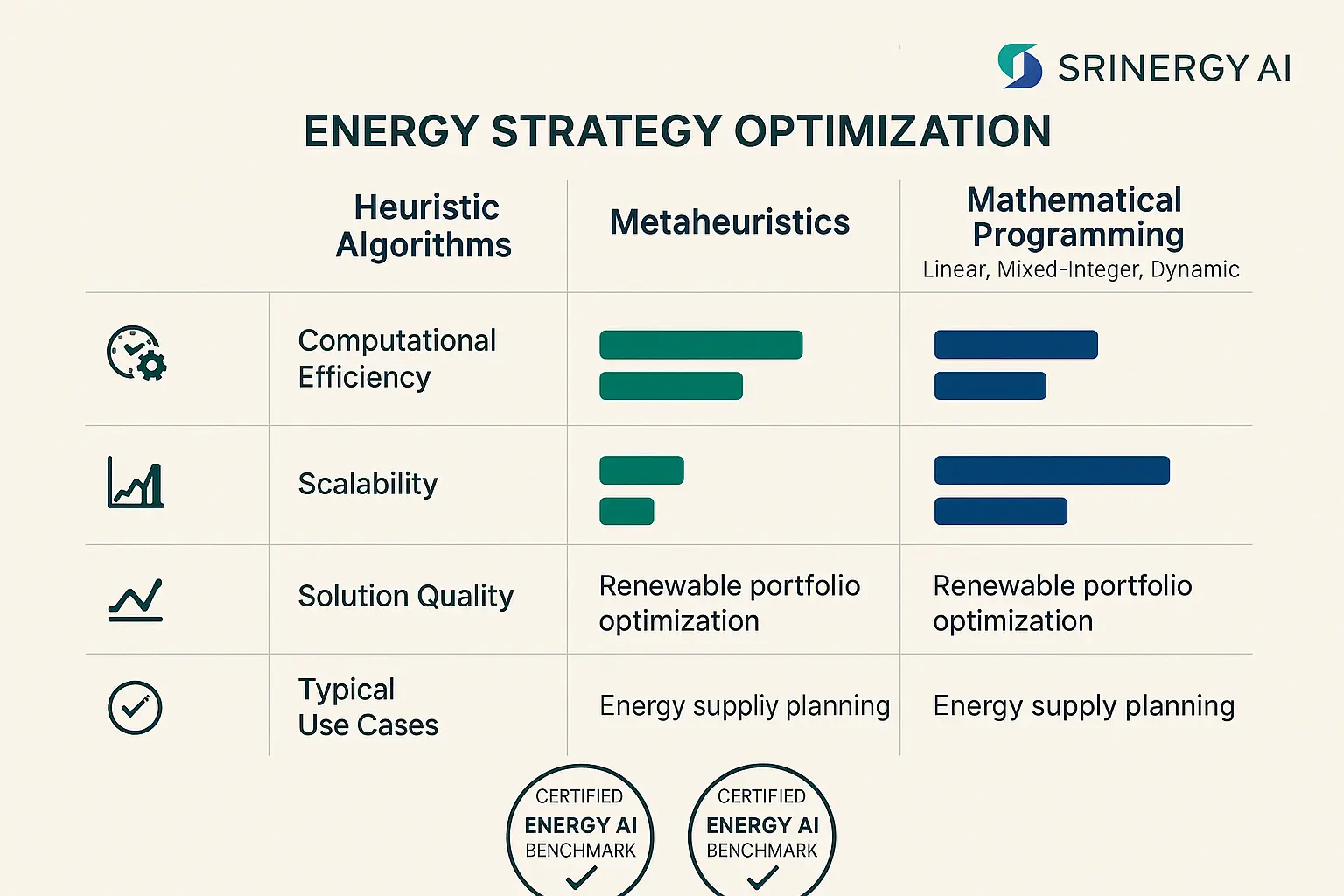 Comparing advanced computational algorithms for energy optimization highlights Srinergy AI's strategic advantage in delivering scalable, high-quality solutions.