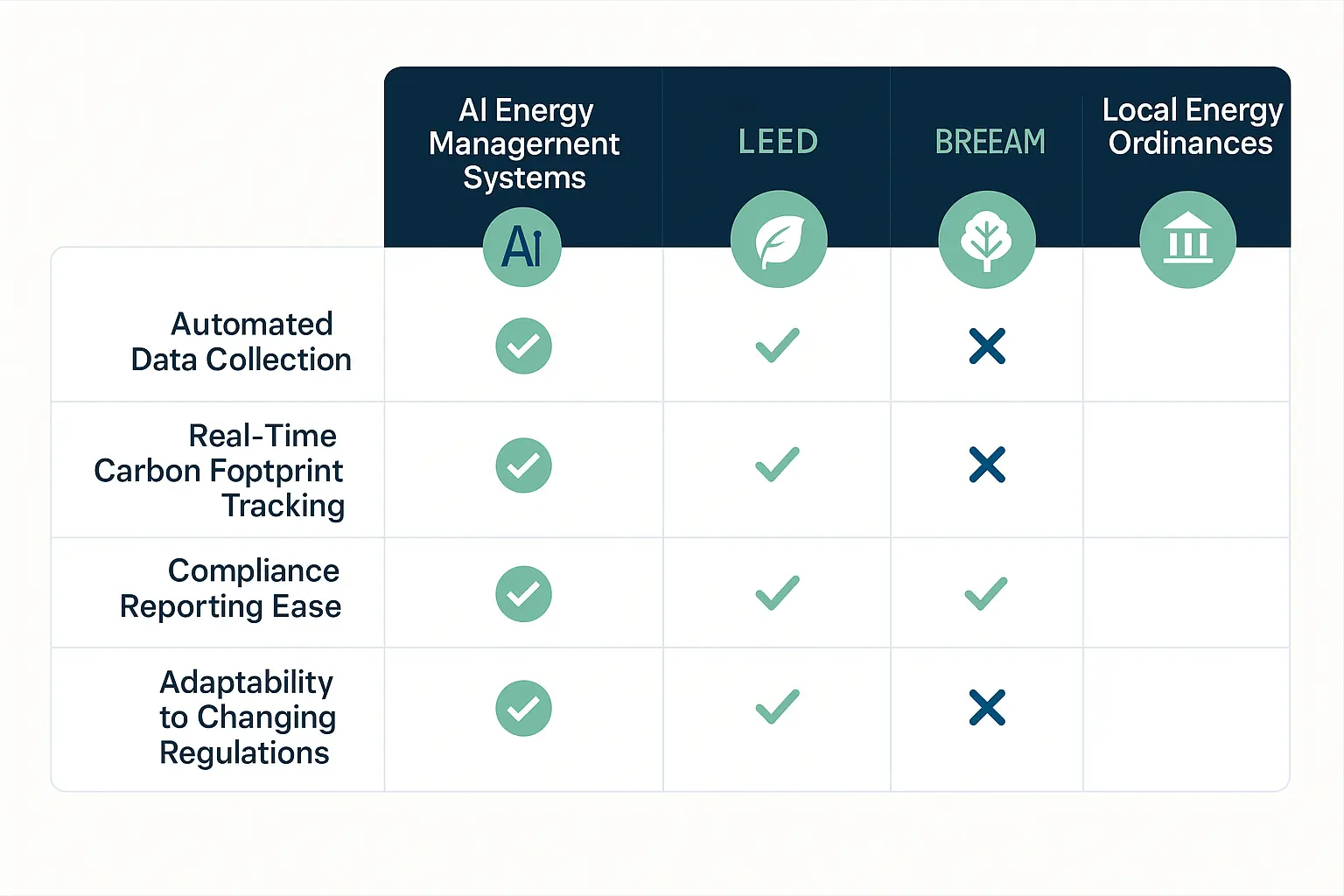 At a glance: How AI EMS outperforms traditional systems in automating and simplifying regulatory compliance and ESG reporting across leading green building standards.