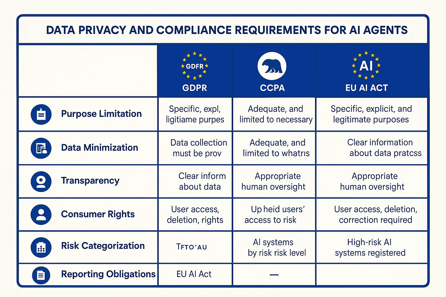 A clear, side-by-side comparison of GDPR, CCPA, and EU AI Act requirements tailored for AI agents, enabling evaluators to quickly identify relevant compliance obligations.