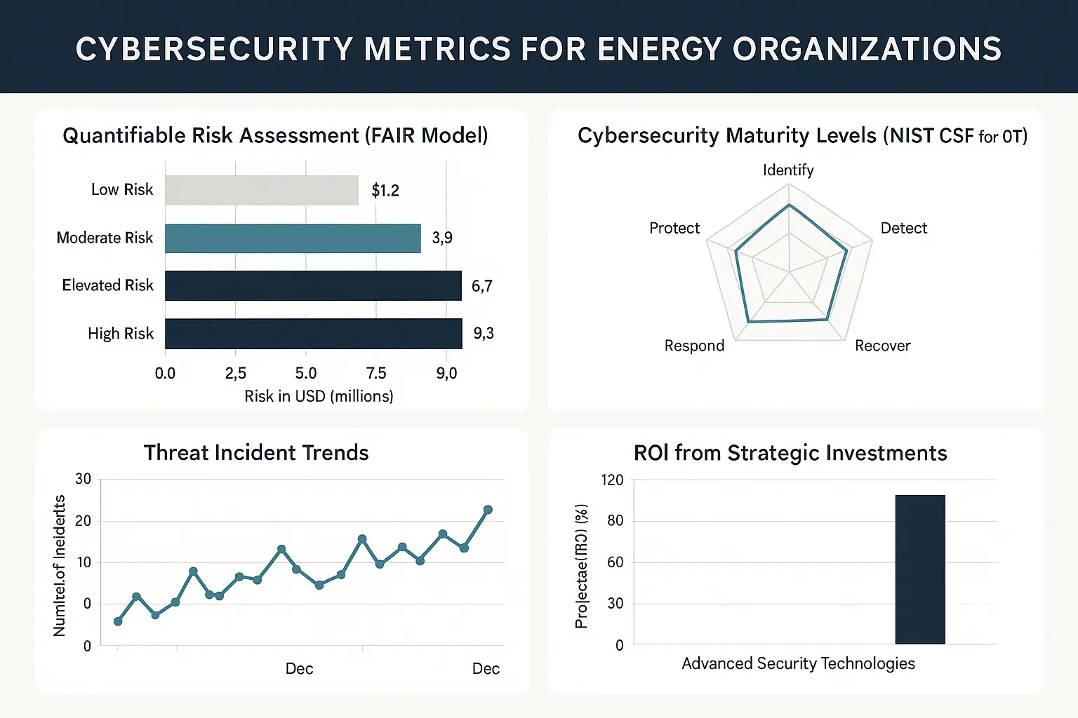 Integrated cybersecurity metrics dashboard empowers executive leadership with clear, actionable insights to prioritize energy IoT security investments and roadmap development.
