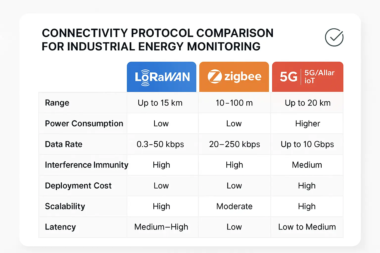 Comprehensive protocol comparison enabling quick, confident selection of the optimal connectivity solution for industrial energy monitoring needs.