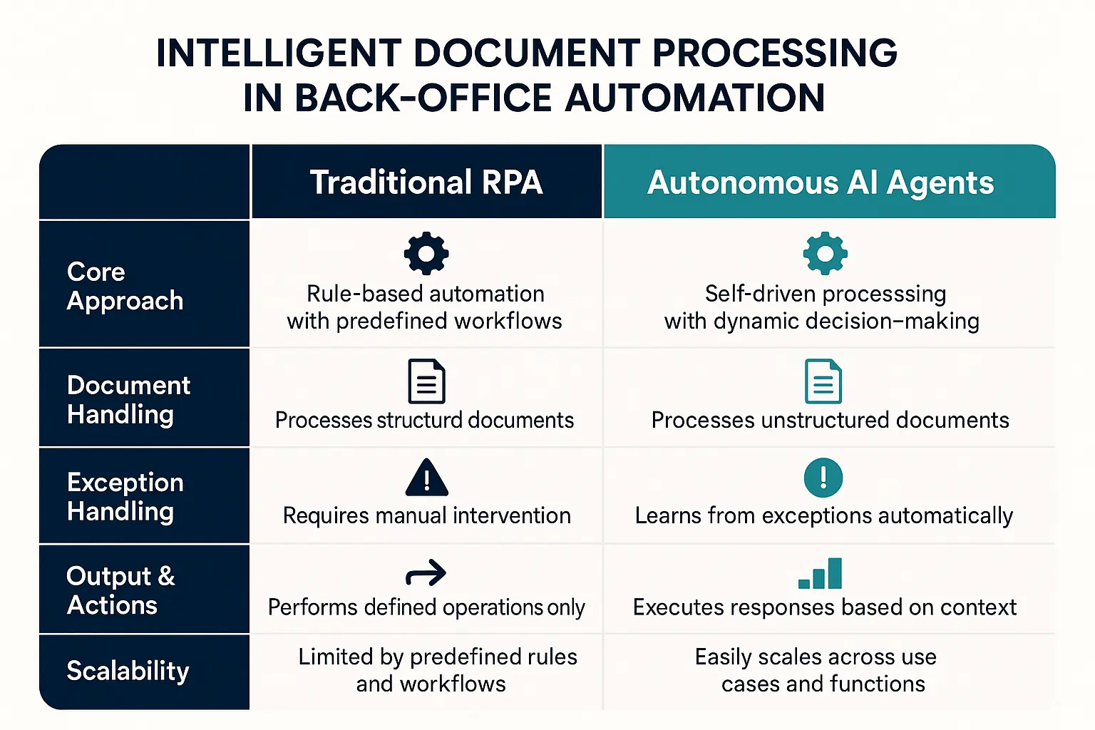 Clear differentiation between Traditional RPA and Advanced AI Agents highlights superior capabilities for handling complex back-office tasks beyond rule-based automation.