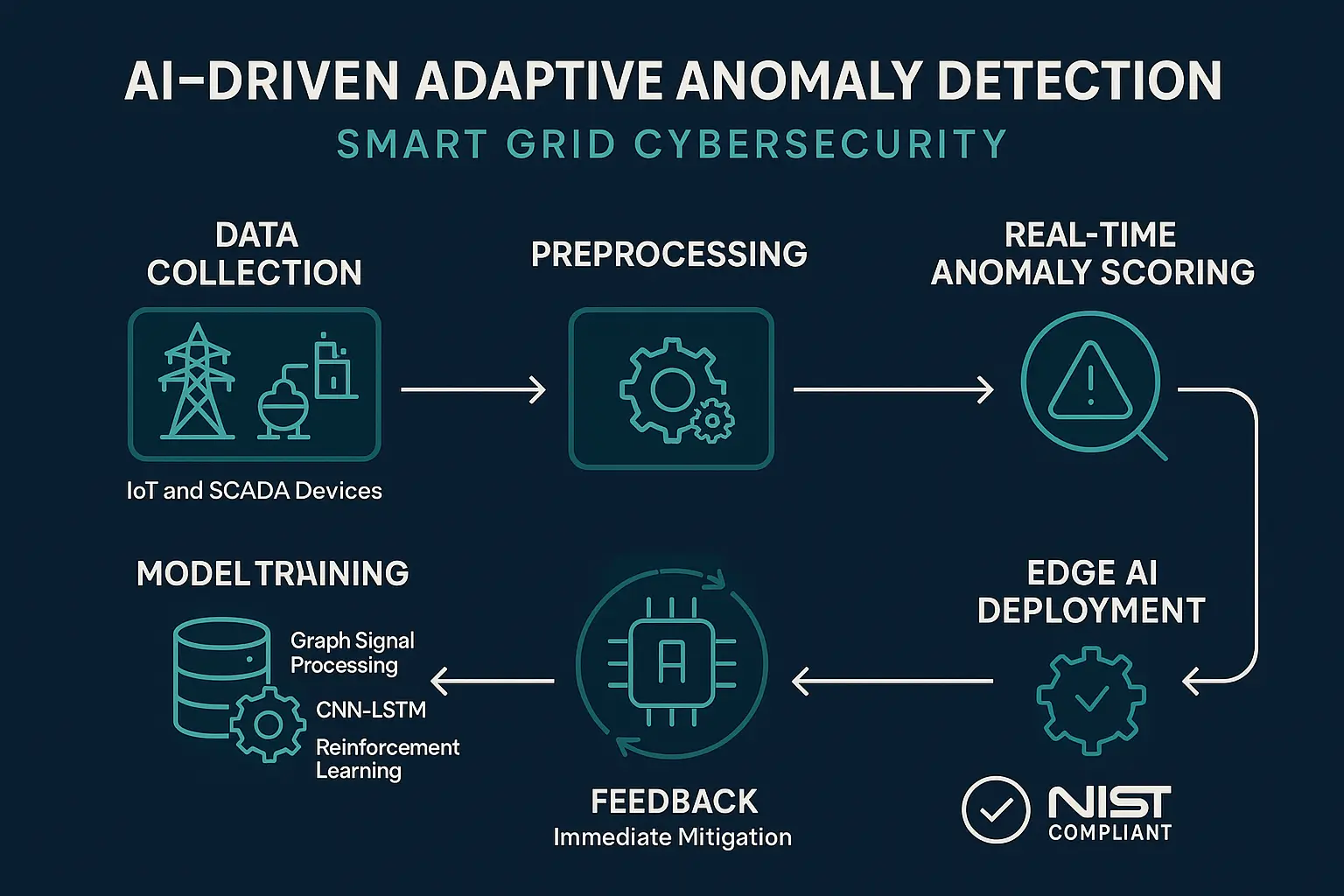 AI-powered adaptive anomaly detection process enhancing real-time threat identification and mitigation in smart grid environments, demonstrating Srinergy AI’s advanced expertise.