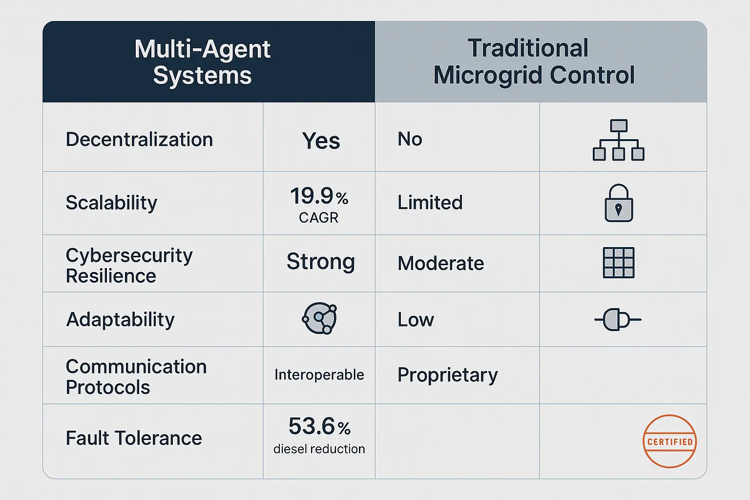 Comparison of MAS and traditional microgrid controls reveals MAS’s superior decentralized, scalable, and secure coordination ideal for modern DER challenges.
