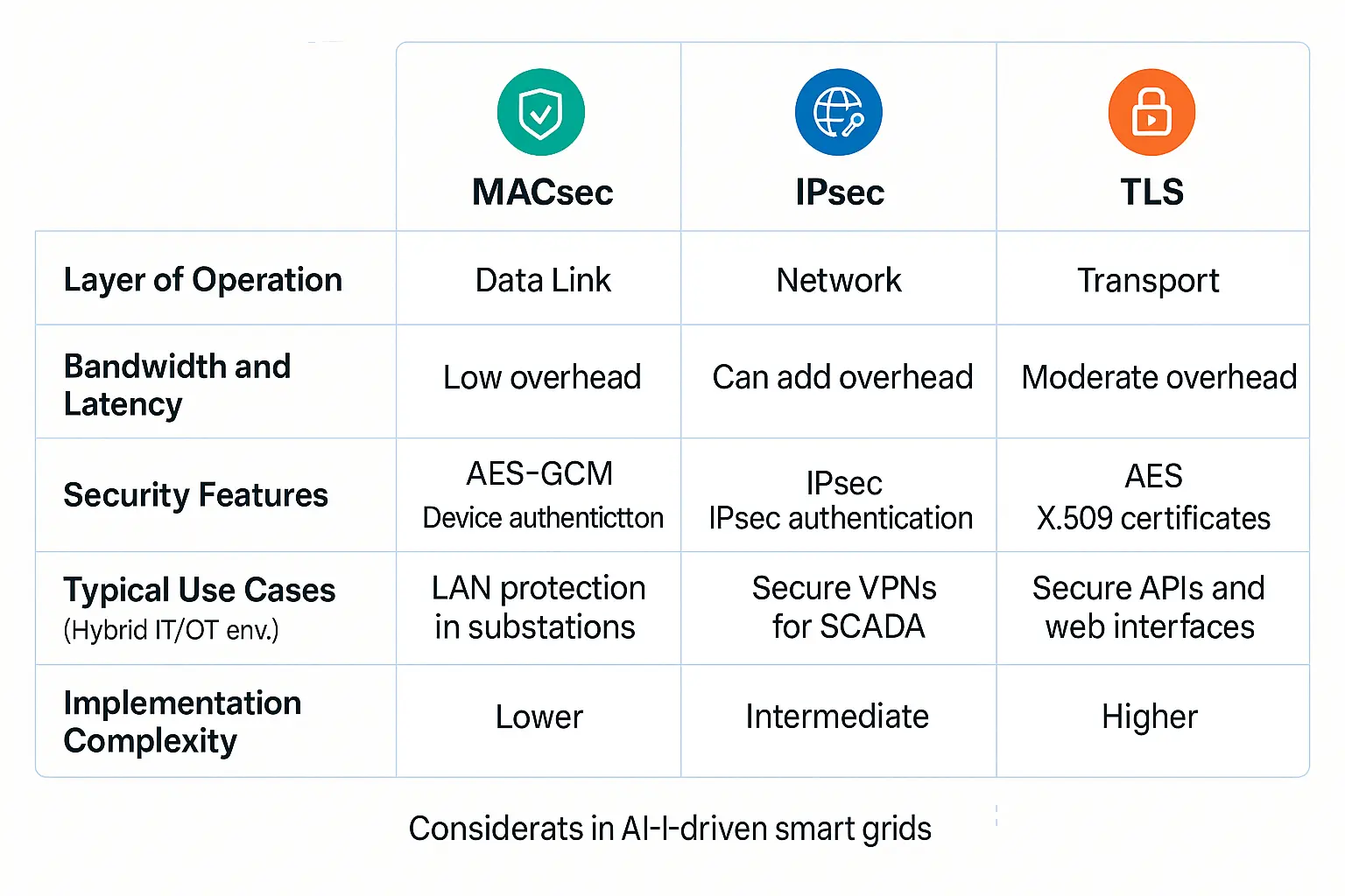 Comparison of secure communication protocols guiding IT/OT managers in selecting the optimal solution based on operational needs and security requirements.