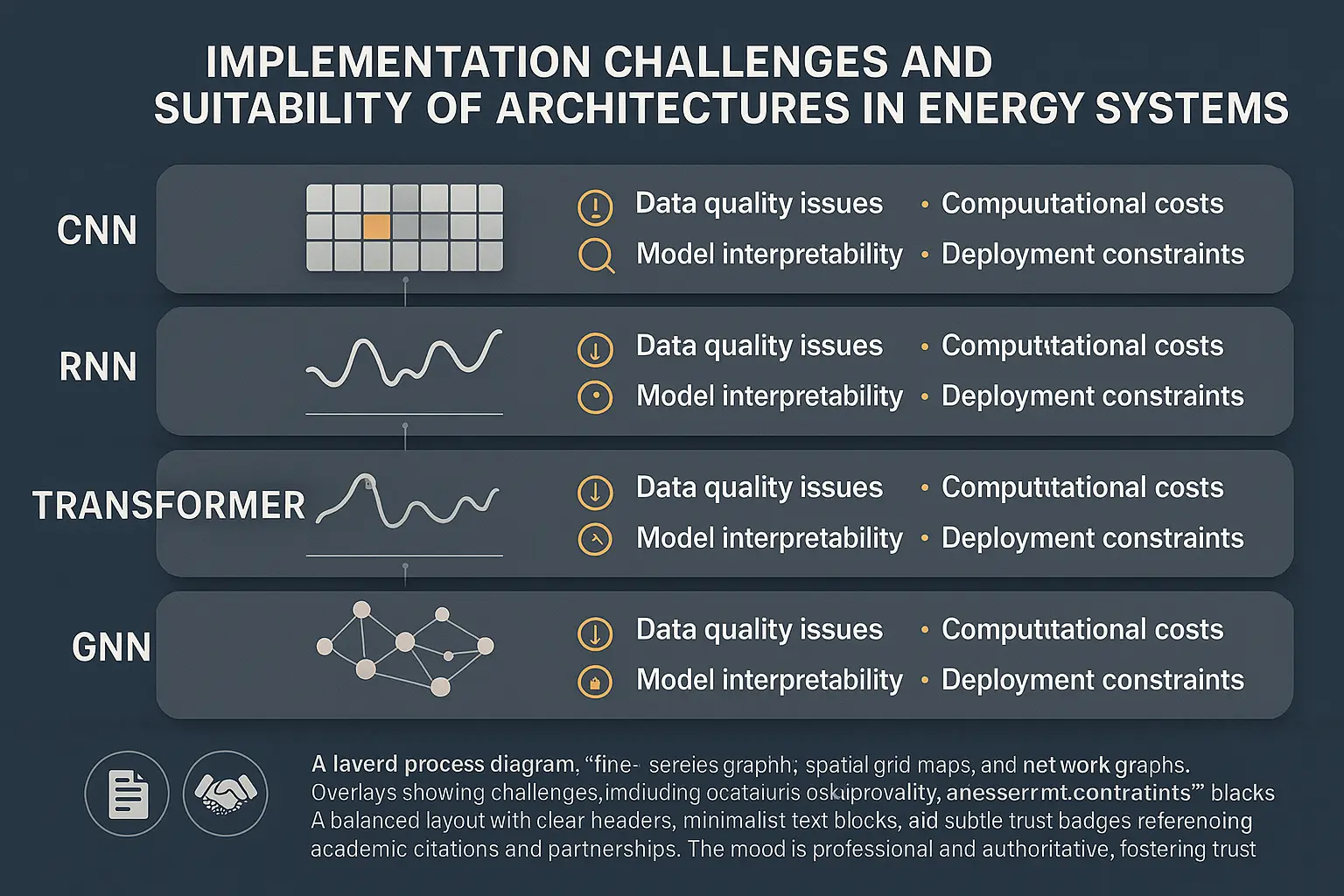 A detailed visualization mapping the practical challenges and data suitability of key deep learning architectures in energy systems, reinforcing expertise and credibility.