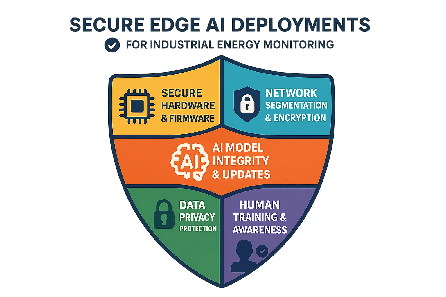 This checklist shield visually anchors the essential security practices that ensure trustworthy and resilient Edge AI deployments in industrial energy monitoring within OT environments.