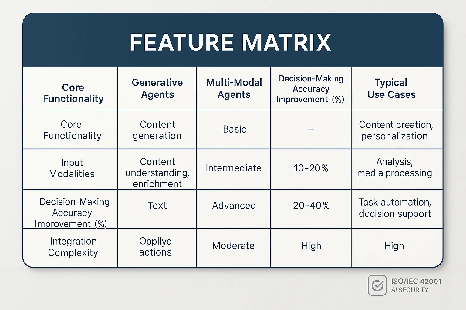 Feature matrix clarifying distinctions and strengths across generative, multi-modal, and cognitive AI agents to accelerate informed decision-making.