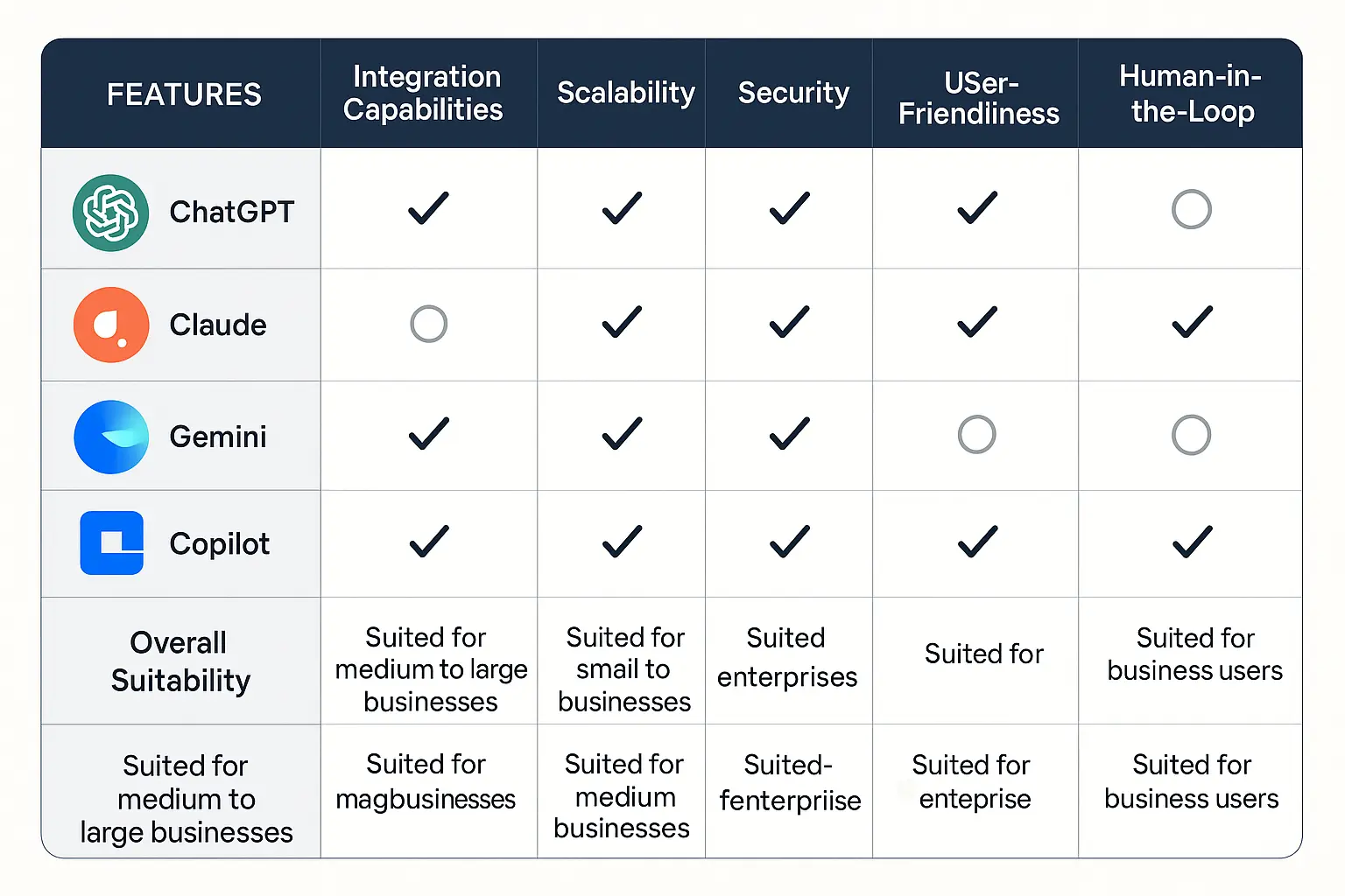 A detailed feature comparison table helps evaluate AI collaboration tools based on critical business and technical criteria to support confident tool selection.