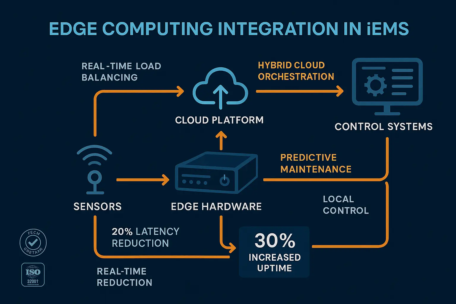A diagram showing how edge computing in iEMS enables real-time actions like grid response and predictive maintenance, leading to improved performance and resilience.