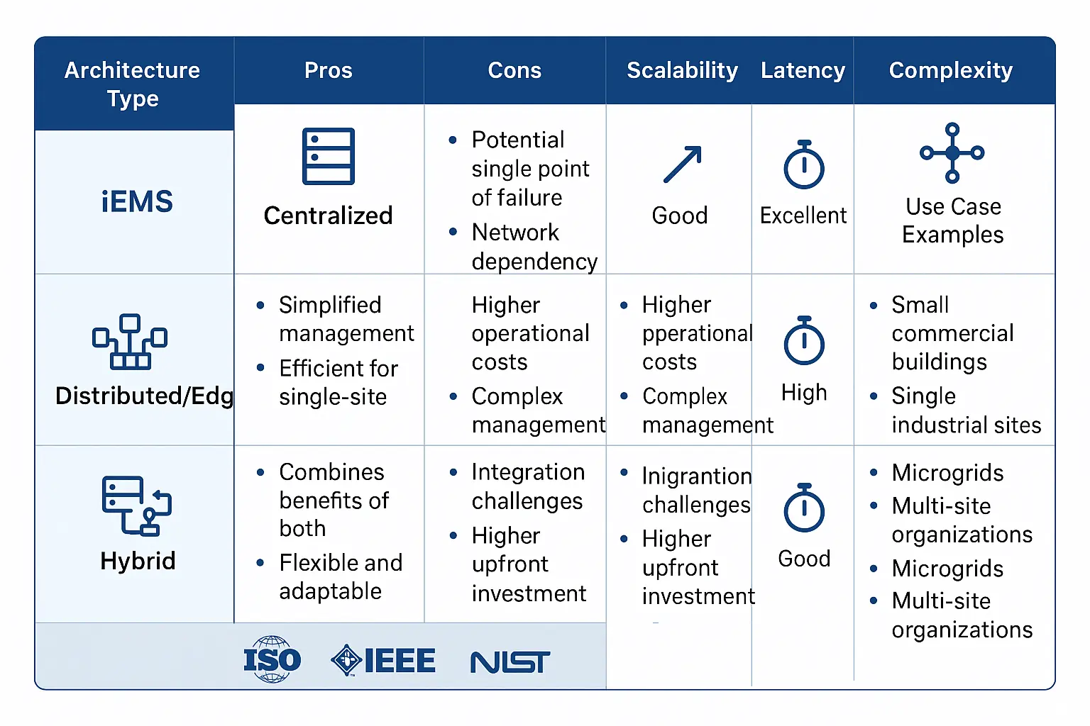 A comparison matrix of centralized, distributed, and hybrid iEMS architectures, outlining pros and cons for scale, latency, resilience, and complexity.