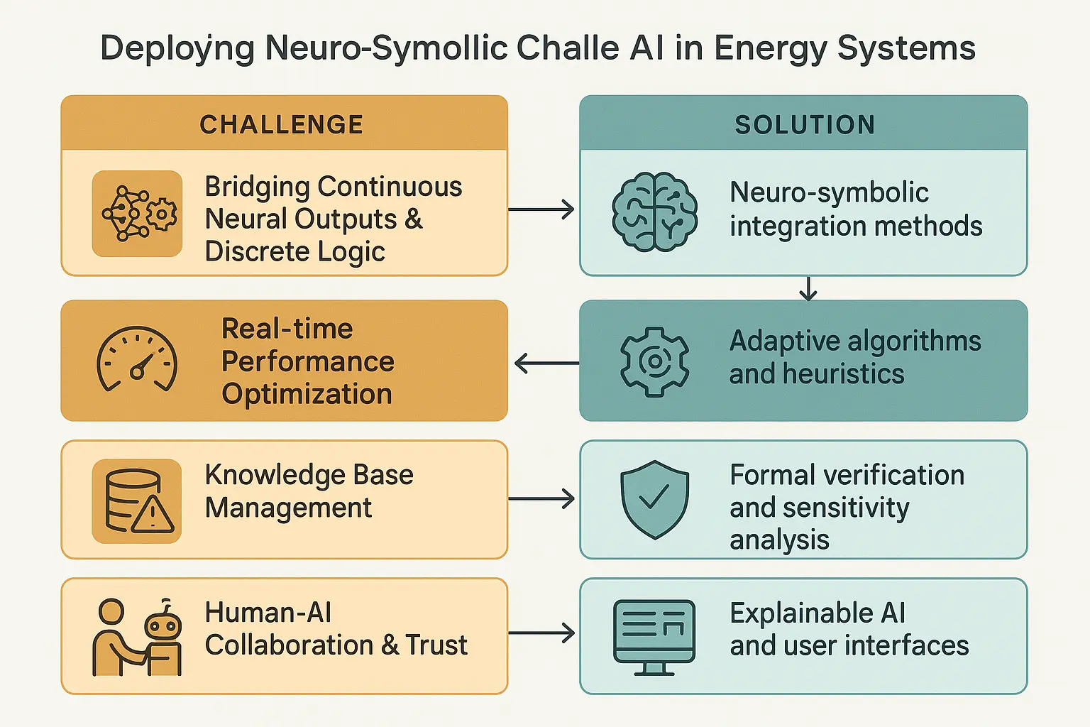 Operational roadmap visualizing key implementation challenges of Neuro-Symbolic AI and strategic solutions to build trustworthy, resilient energy AI deployments.