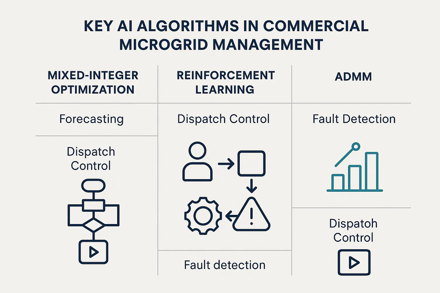 Visual breakdown of advanced AI algorithms orchestrating optimal energy dispatch and resilience in commercial microgrids, showcasing technical expertise.