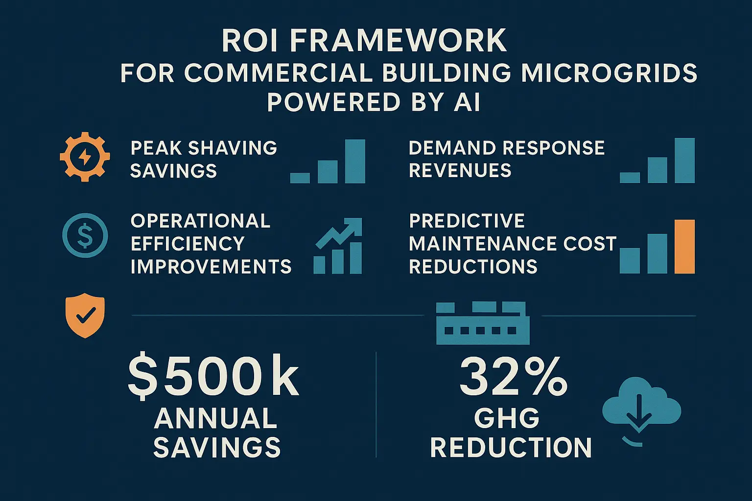 Comprehensive ROI framework illustrating tangible financial and sustainability benefits of implementing AI-driven microgrids in commercial buildings.