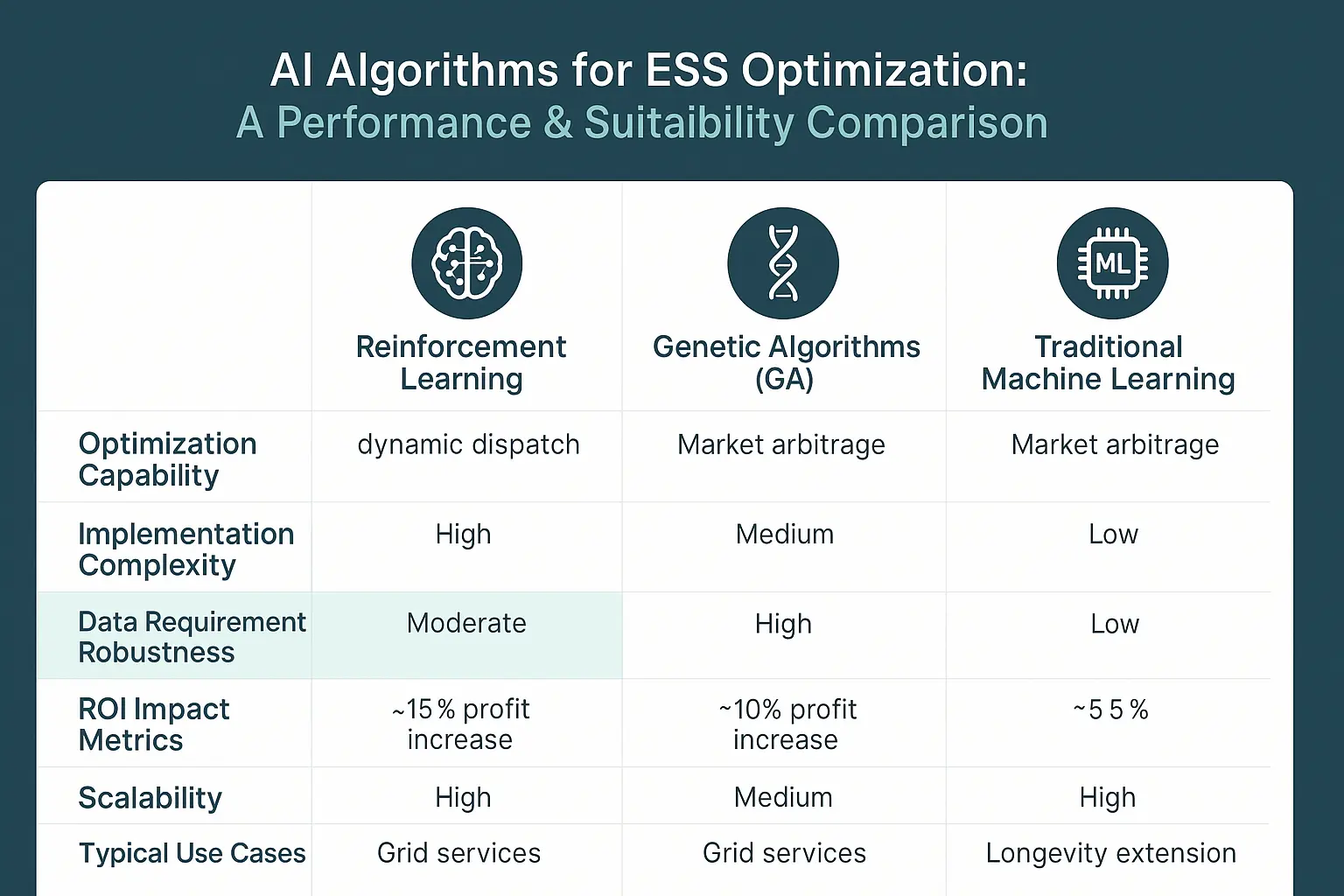Clear, data-driven comparison of AI approaches empowers technical and business stakeholders to identify the right solution for their ESS optimization needs.