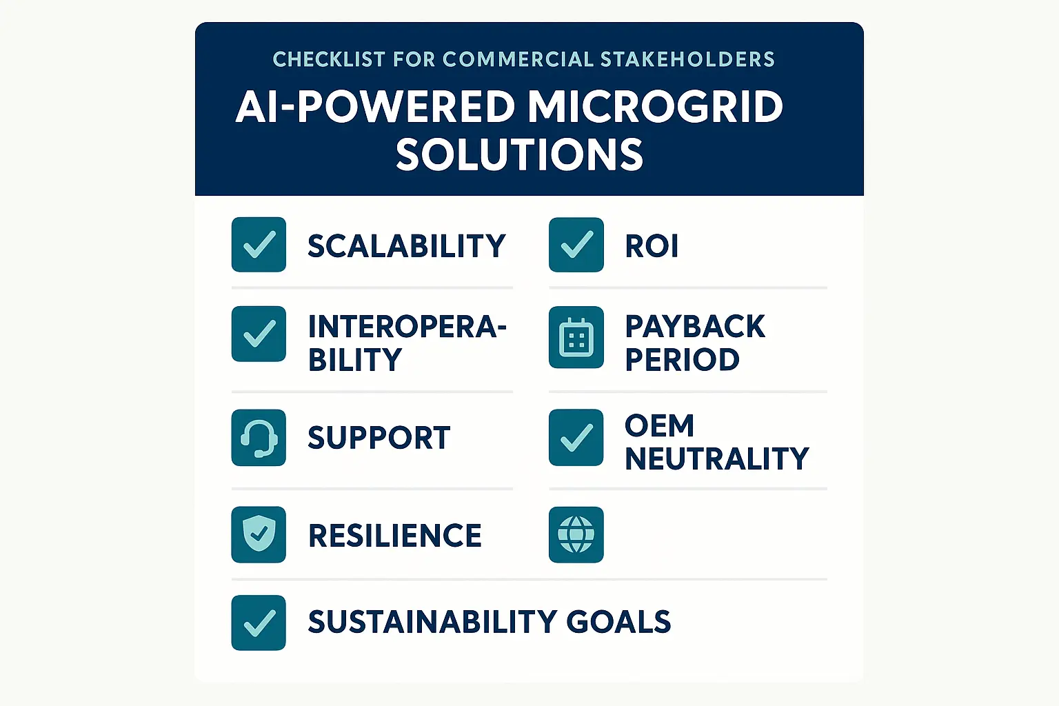 Step-by-step decision framework checklist to help commercial building teams confidently evaluate and select AI-driven microgrid solutions.