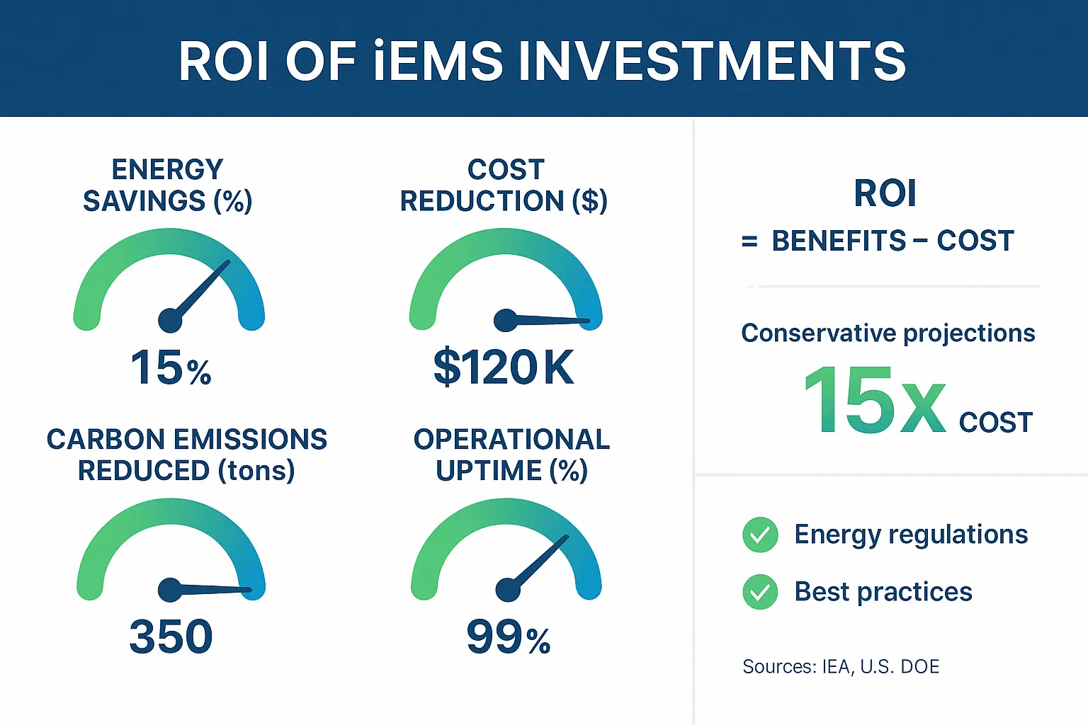 An infographic illustrating the seamless integration of an iEMS with existing BMS, SCADA, and utility systems, highlighting security and data flow management.