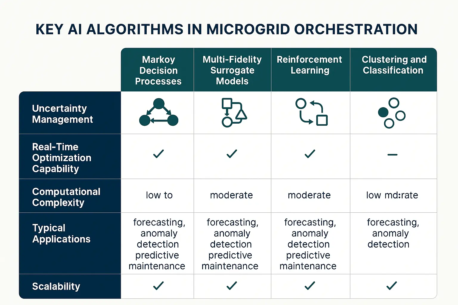 Comprehensive comparison of advanced AI algorithms helping decision-makers choose the optimal microgrid orchestration strategy based on technical features and applications.