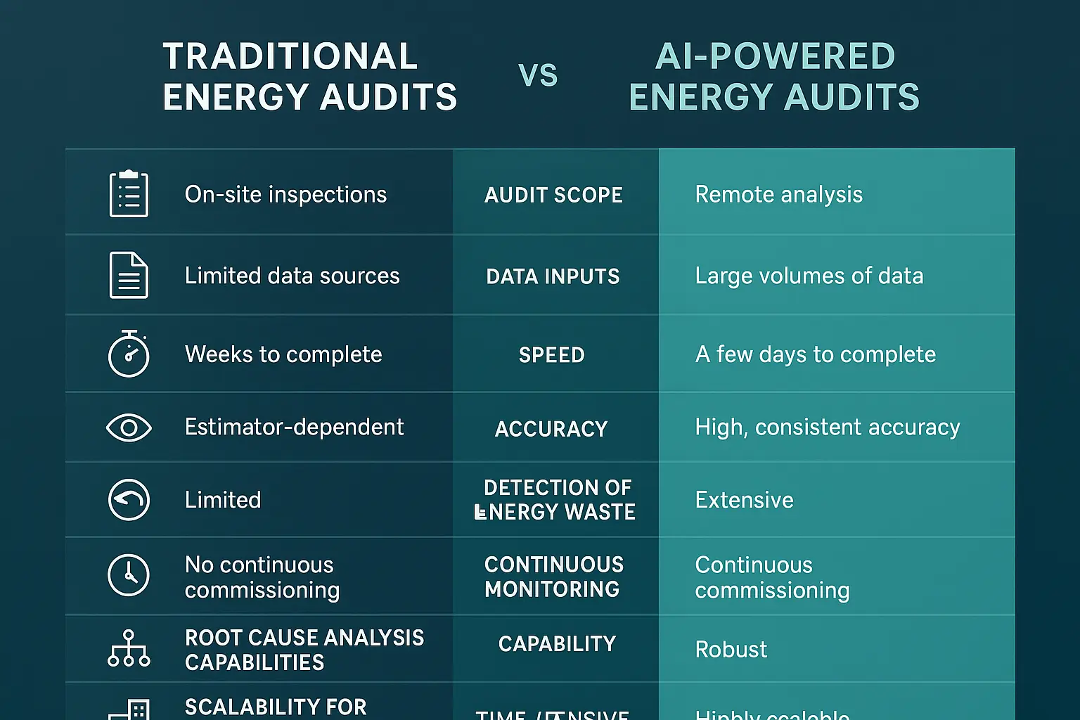 Comparing traditional and AI-powered energy audits across critical dimensions to clarify superior accuracy, continuous insight, and scalability — essential for confident evaluation of commercial energy audit solutions.