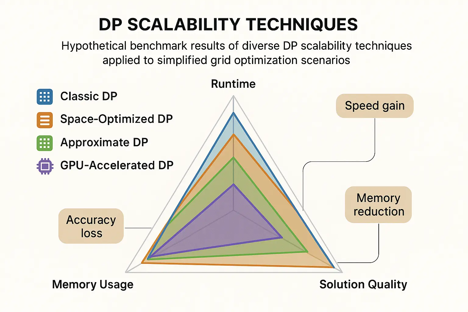 Provides a memorable visual summary of trade-offs among key DP scalability methods, anchoring learners' understanding of performance benchmarks essential for practical decision-making in real-time grid optimization.
