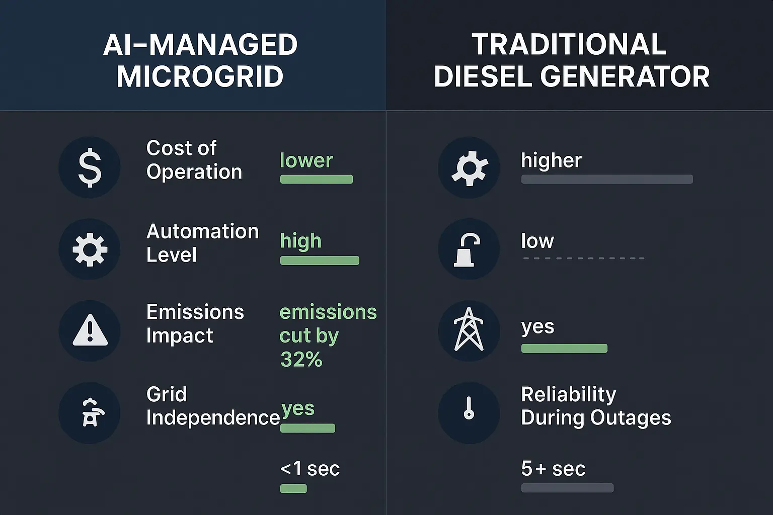 Comparison highlights how AI-powered microgrids outperform traditional diesel backups on key resilience, cost, and sustainability metrics for commercial facilities.