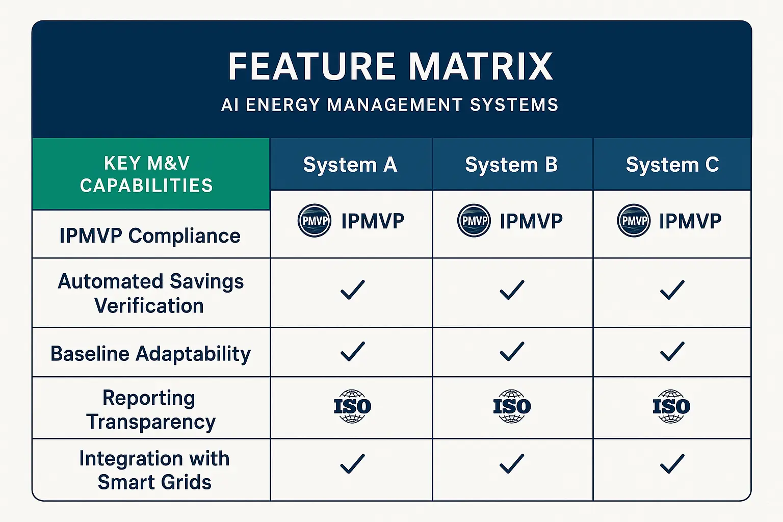 At a glance comparison of AI EMS providers’ M&V features that enable confident, standards-compliant savings verification.
