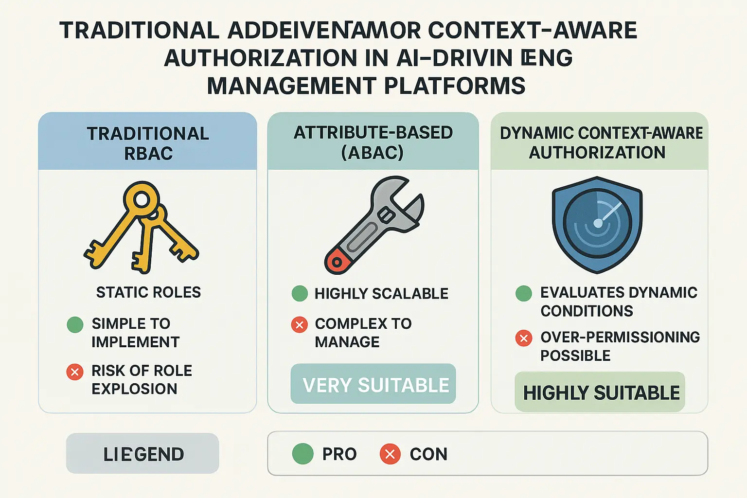Infographic comparing RBAC, ABAC, and PBAC. RBAC is shown as static and role-centric. ABAC is more dynamic and context-aware, considering user attributes and environment. PBAC (Policy-Based Access Control) is shown as the most flexible, using complex logic and real-time policies.