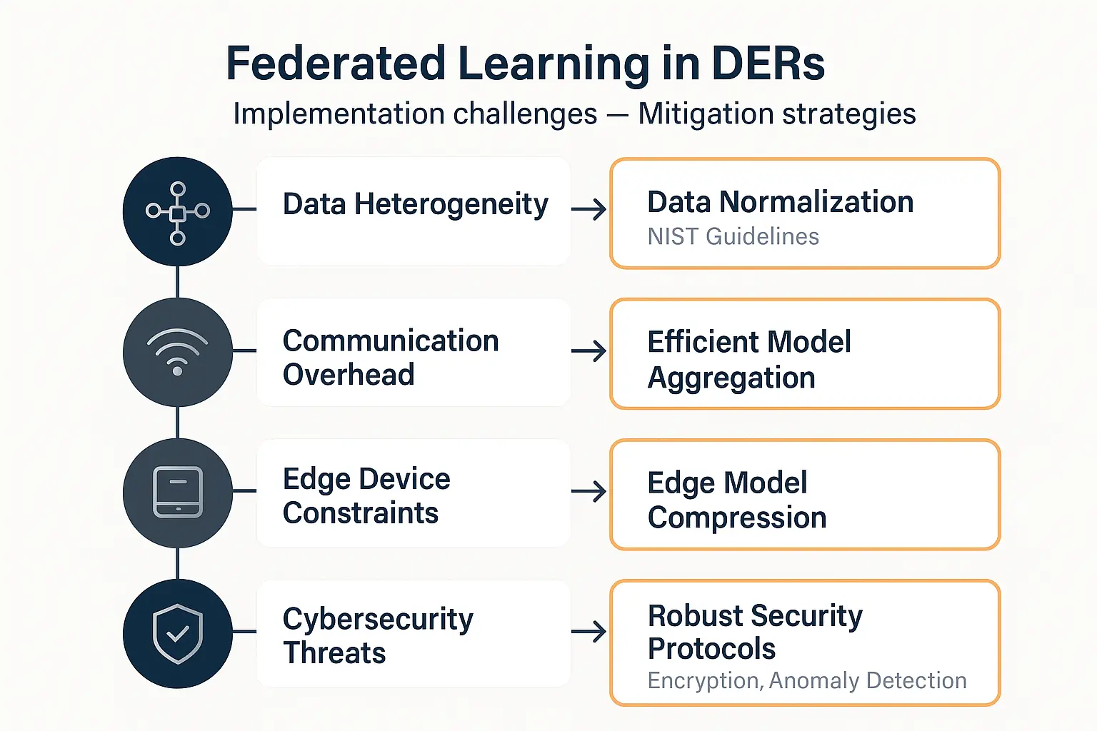 Addressing data heterogeneity, communication limits, computational constraints, and cybersecurity challenges ensures successful deployment of federated learning in distributed energy resources.
