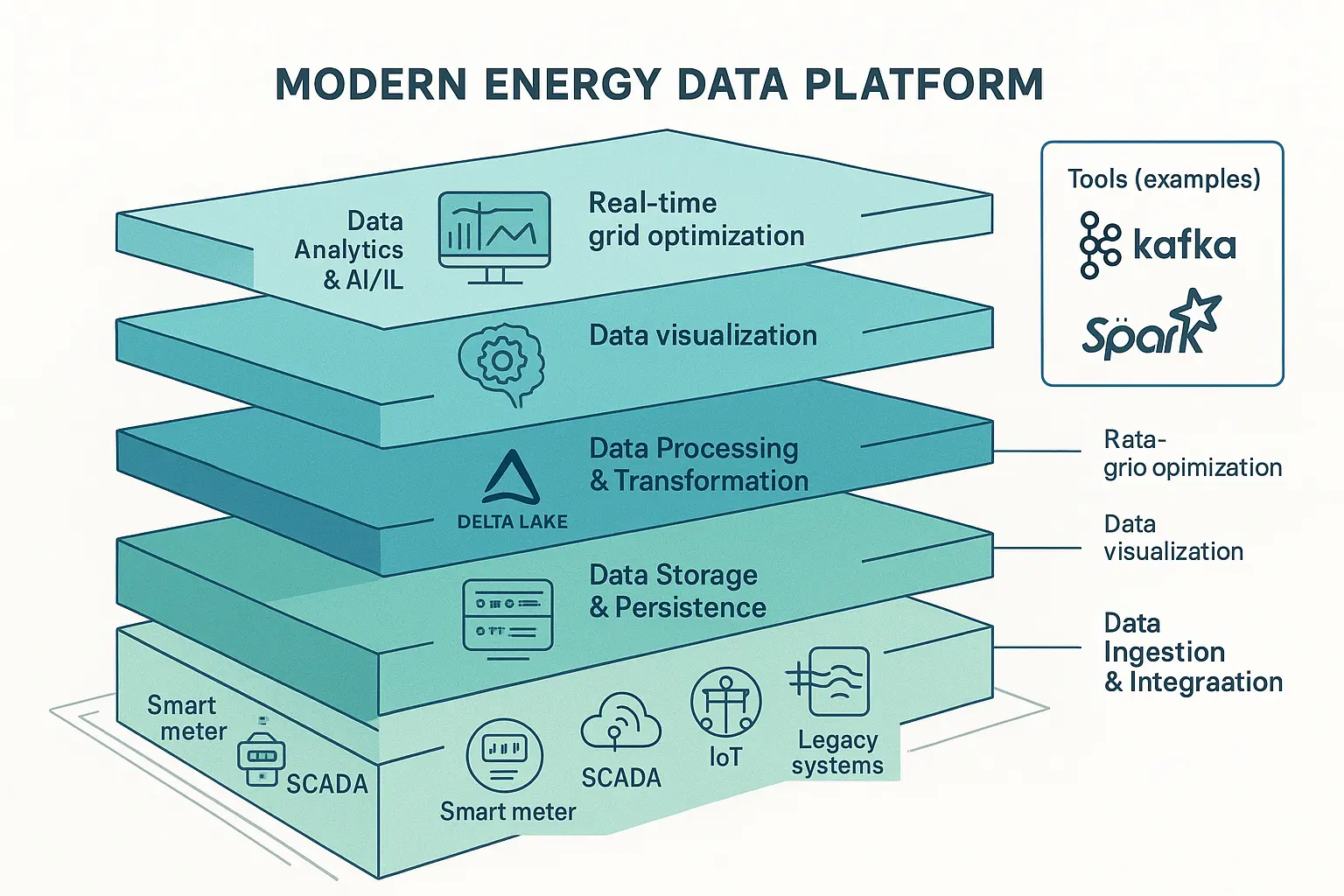 Comprehensive blueprint presenting robust modular layers of an energy data platform to simplify comparison of architectural choices and support scalable, real-time energy analytics