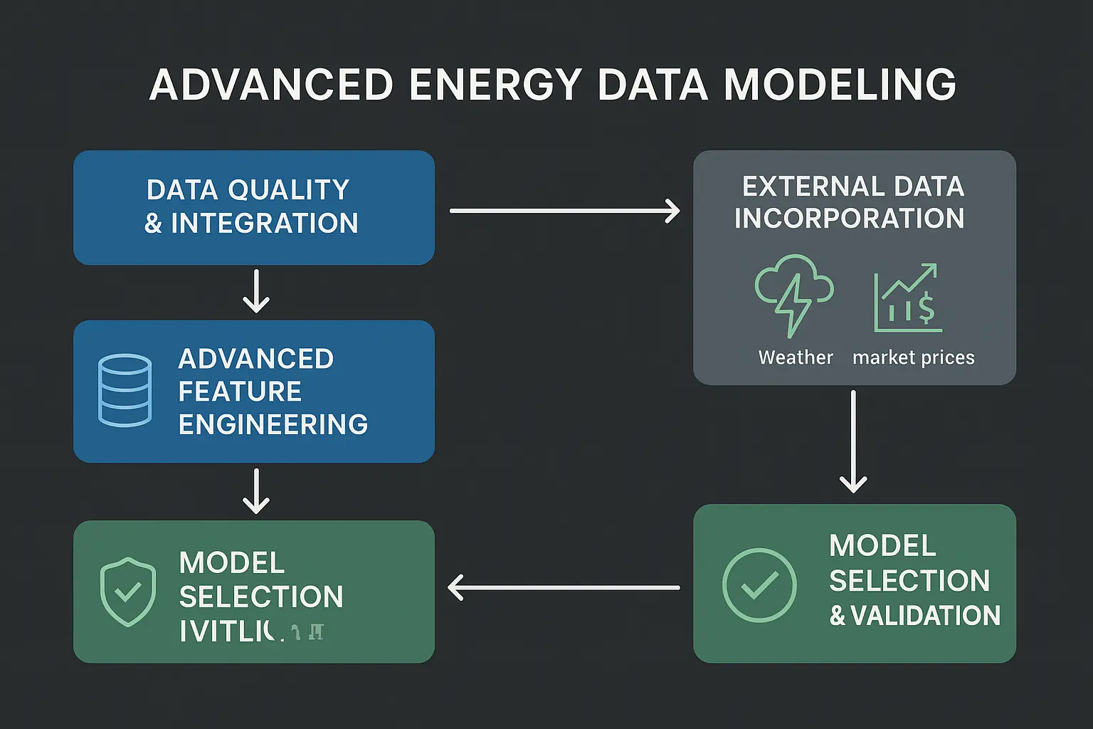 A process flowchart illustrating the steps to a reliable energy data model: 1. Data Ingestion & Integration, 2. Data Cleansing & Validation, 3. Advanced Feature Engineering, 4. Model Selection & Training, 5. Validation & Backtesting, 6. Deployment & Monitoring.